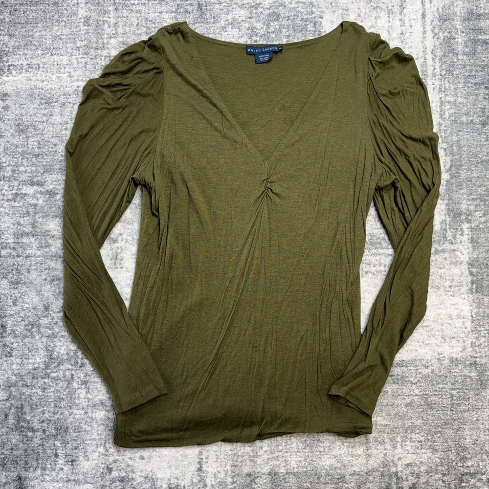 Vintage Ralph Lauren Top Womens XL Olive Green Modal Wool Puff Shoulder Y2K